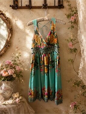 Plenty by Tracy Reese 100% Silk Floral Halter Dress Aqua Boho Size 2